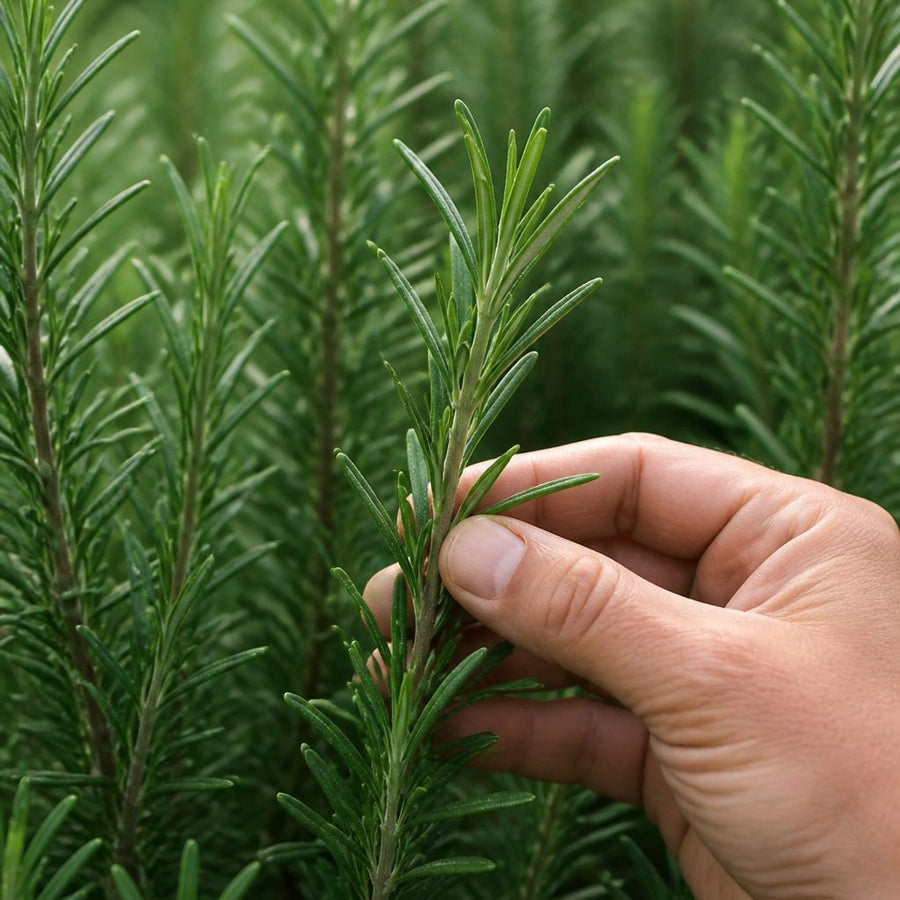 A hand picking a sprig from a row of upright rosemary plants.