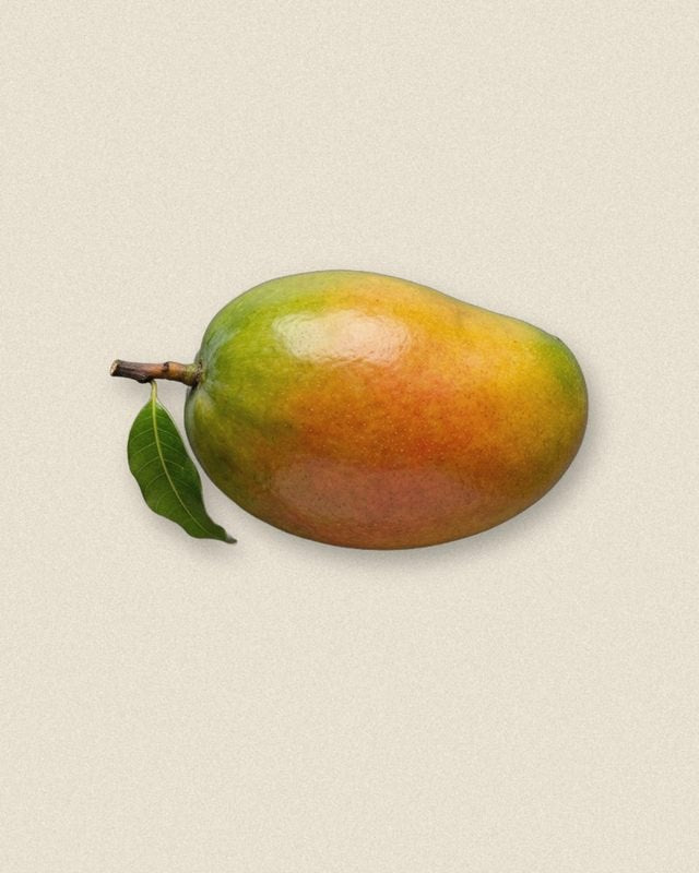 A whole mango with a leaf