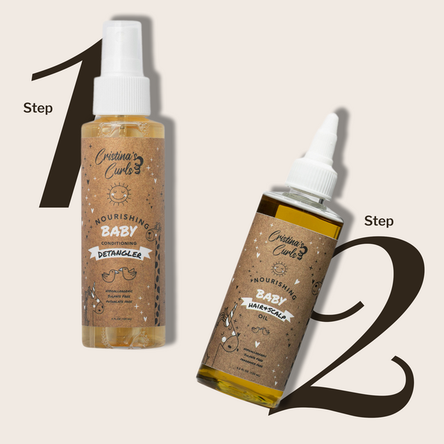 Two steps: Nourishing Baby Detangler Spray, then Hair and Scalp Oil