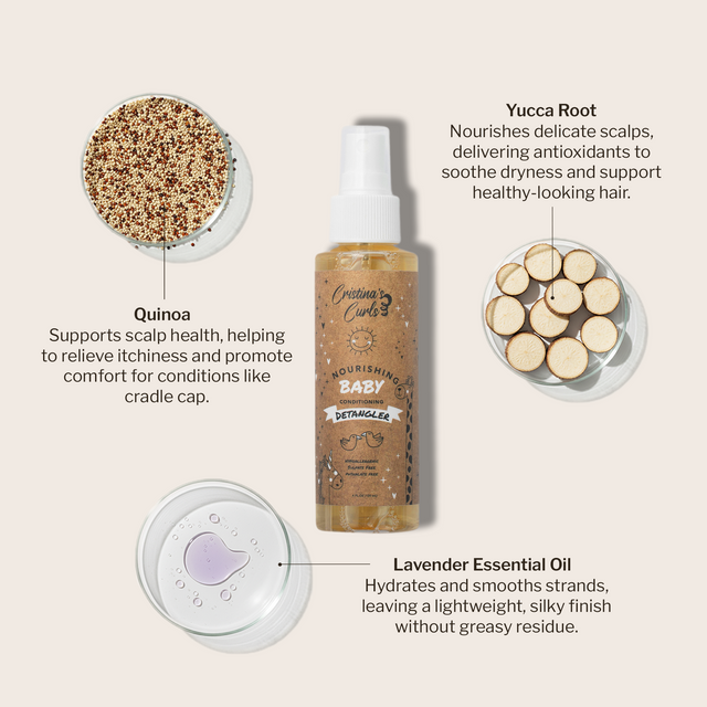 Nourishing Baby Detangler Spray with quinoa, yucca root and lavender around it