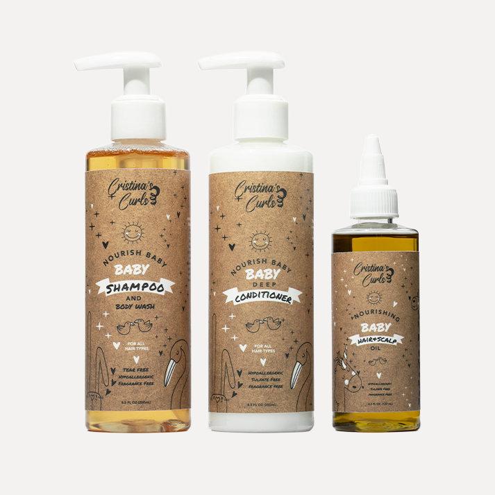 Nourishing Baby shampoo and body wash, conditioner, and hair and scalp oil, the three step set