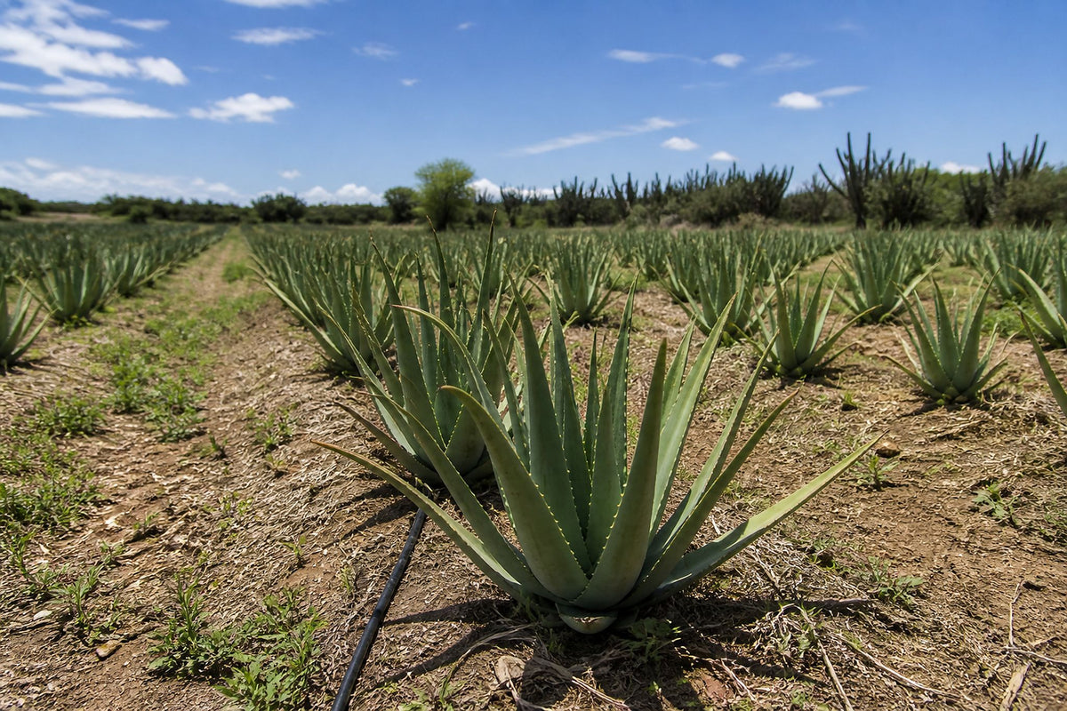 Rows of aloe vera plants growing in open ground under a blue sky.