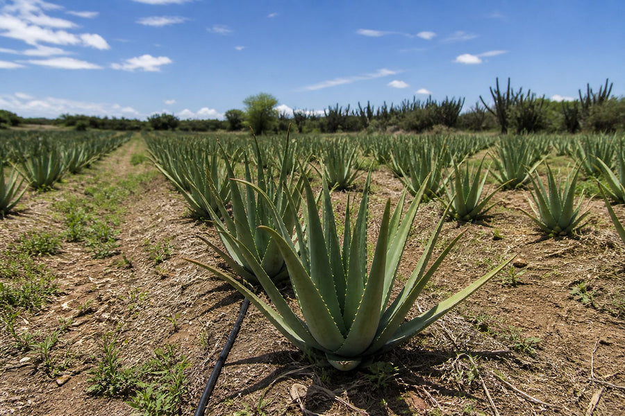 Rows of aloe vera plants growing in open ground under a blue sky.