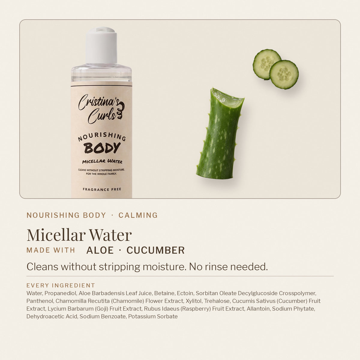 Nourishing Body Micellar Water made with aloe and cucumber, with every ingredient listed