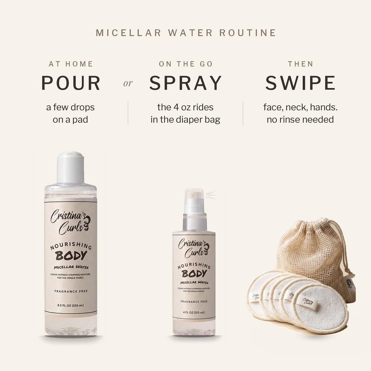 Micellar water routine: pour at home or spray on the go, then swipe. No rinse needed