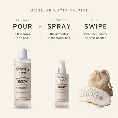 Micellar water routine: pour at home or spray on the go, then swipe. No rinse needed