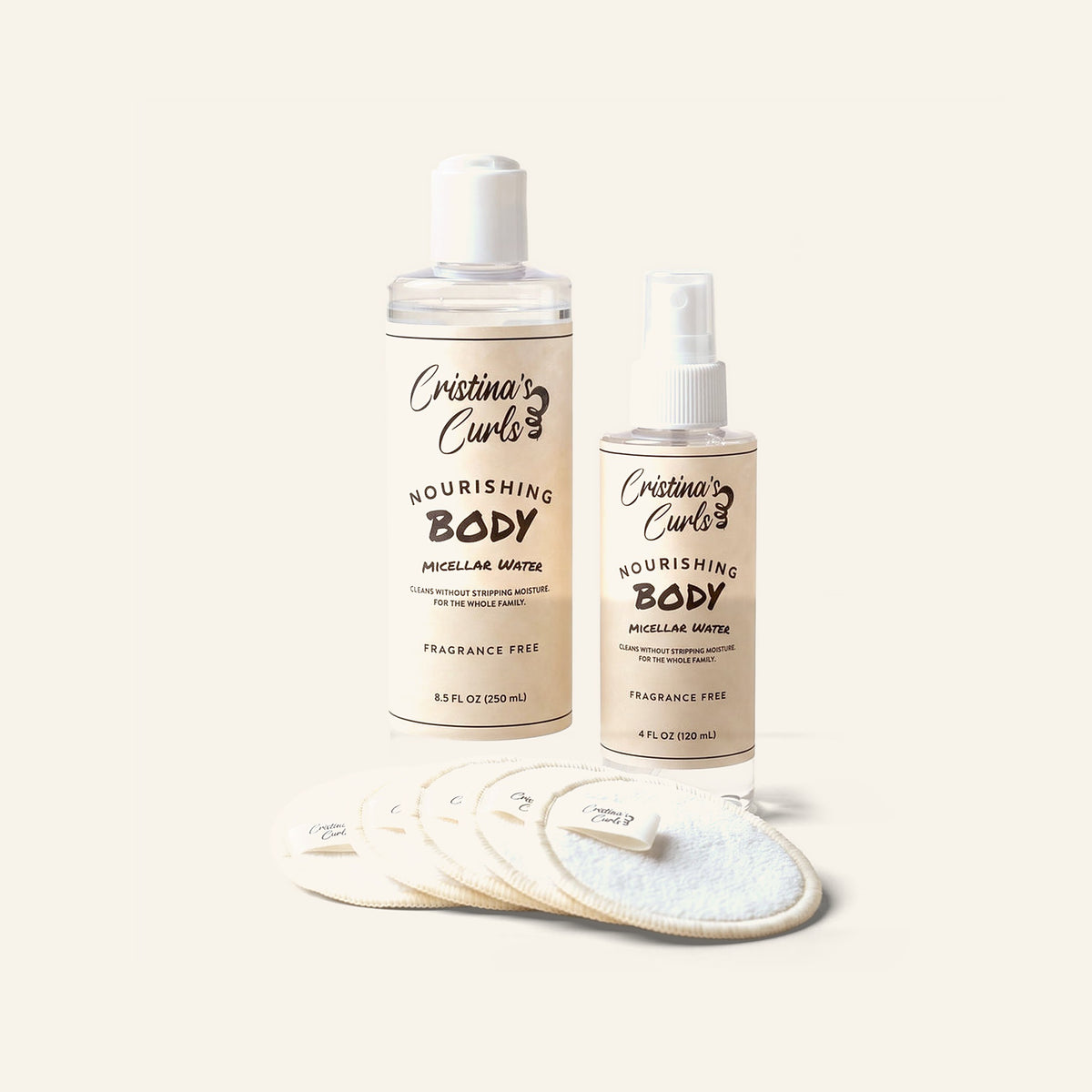 Nourishing Body Micellar Water Duo: 8.5 oz bottle, 4 oz spray and five reusable pads