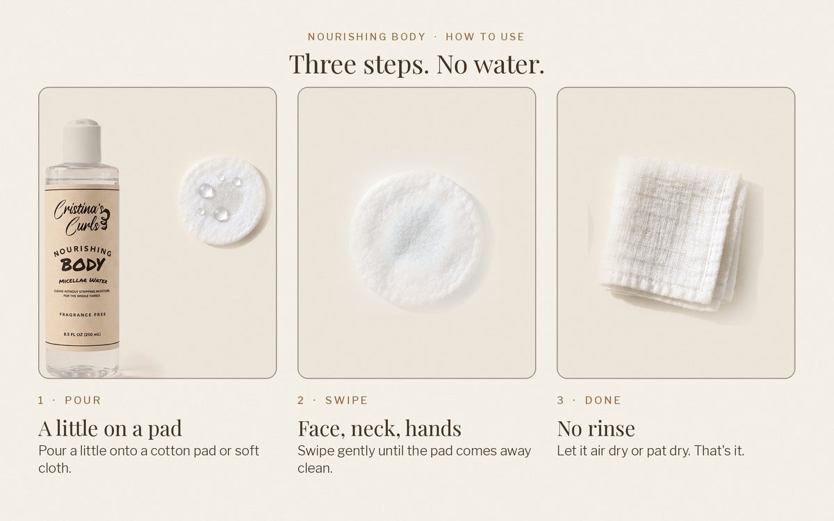 How to use micellar water: pour on a cotton pad, swipe, done. No rinse needed