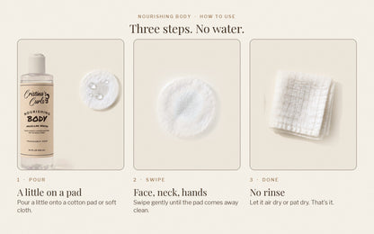 How to use micellar water: pour on a cotton pad, swipe, done. No rinse needed