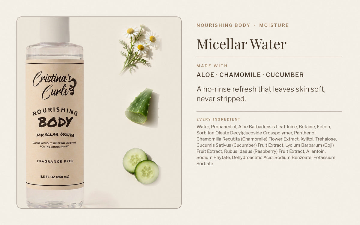 Nourishing Body Micellar Water made with aloe, chamomile and cucumber, with the full ingredient list