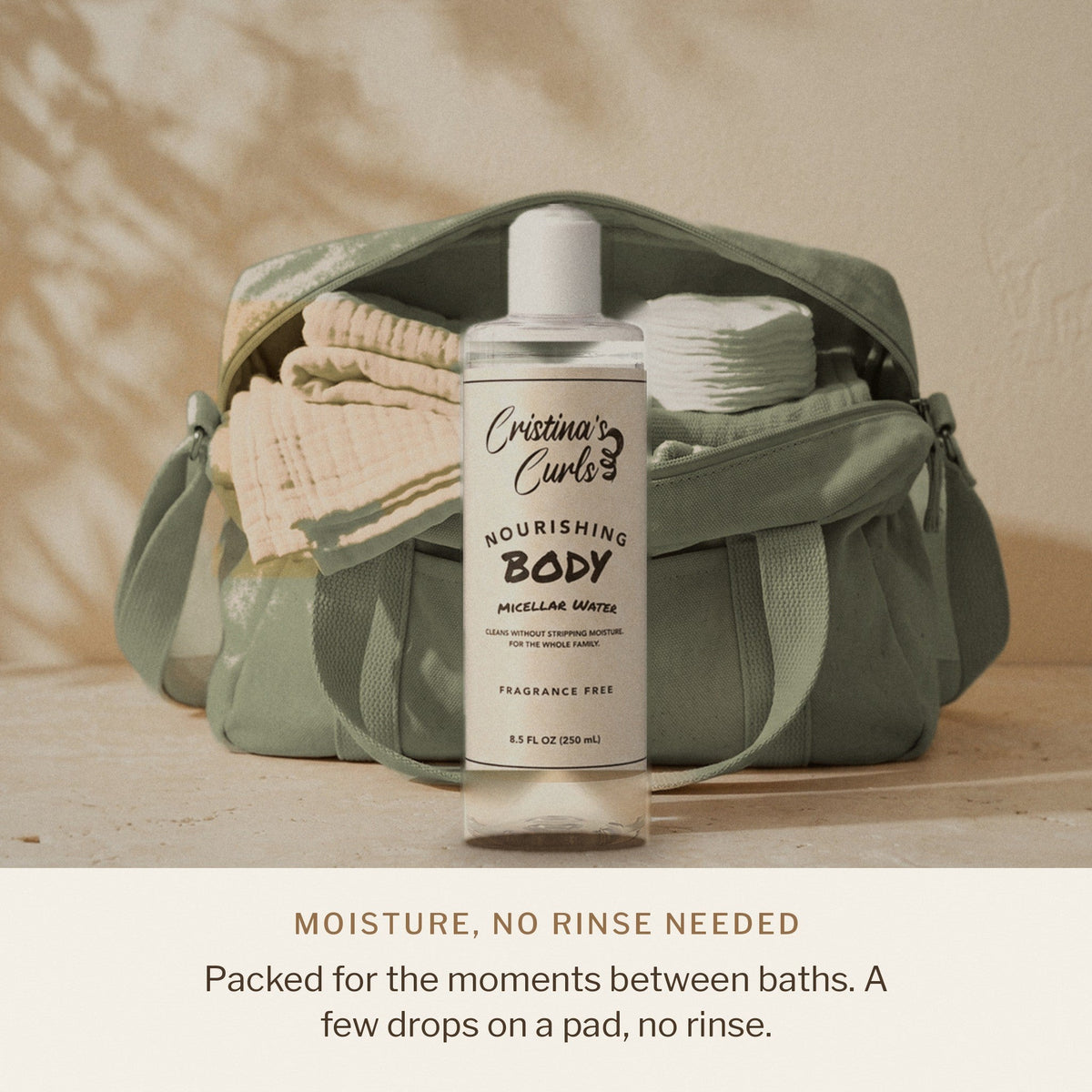 Micellar water and pads packed in a diaper bag