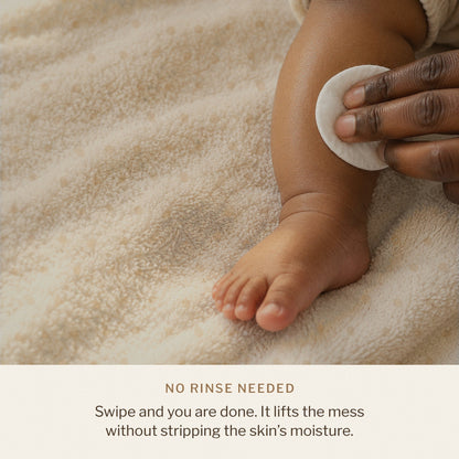Swiping a baby's leg with a pad of micellar water, no rinse needed