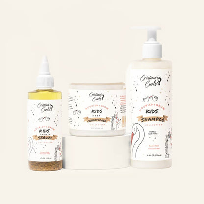 Nourish + Grow Starter Set: Kids Shampoo, Kids Deep Conditioner, Kids Scalp Serum on a cream background