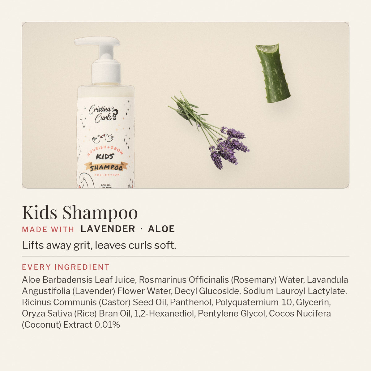 Nourish + Grow Kids Shampoo with lavender and aloe, and its full ingredient list