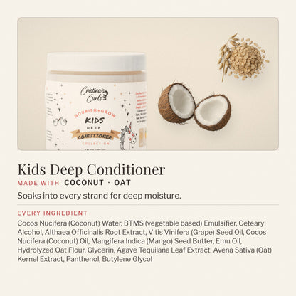 Nourish + Grow Kids Deep Conditioner with coconut and oat, and its full ingredient list