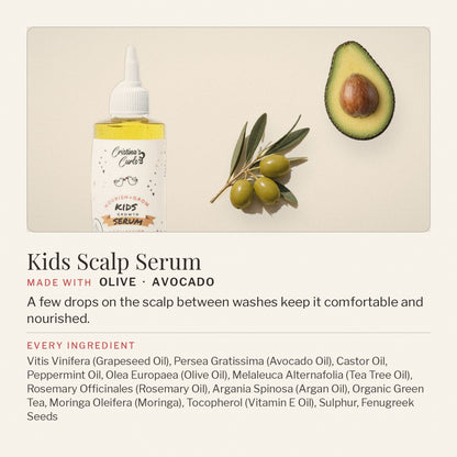 Nourish + Grow Kids Scalp Serum with olive and avocado, and its full ingredient list