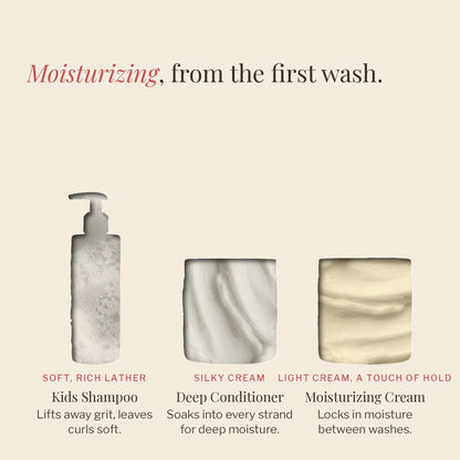 Lather and cream textures of the three Nourish + Grow products in bottle and jar cutouts