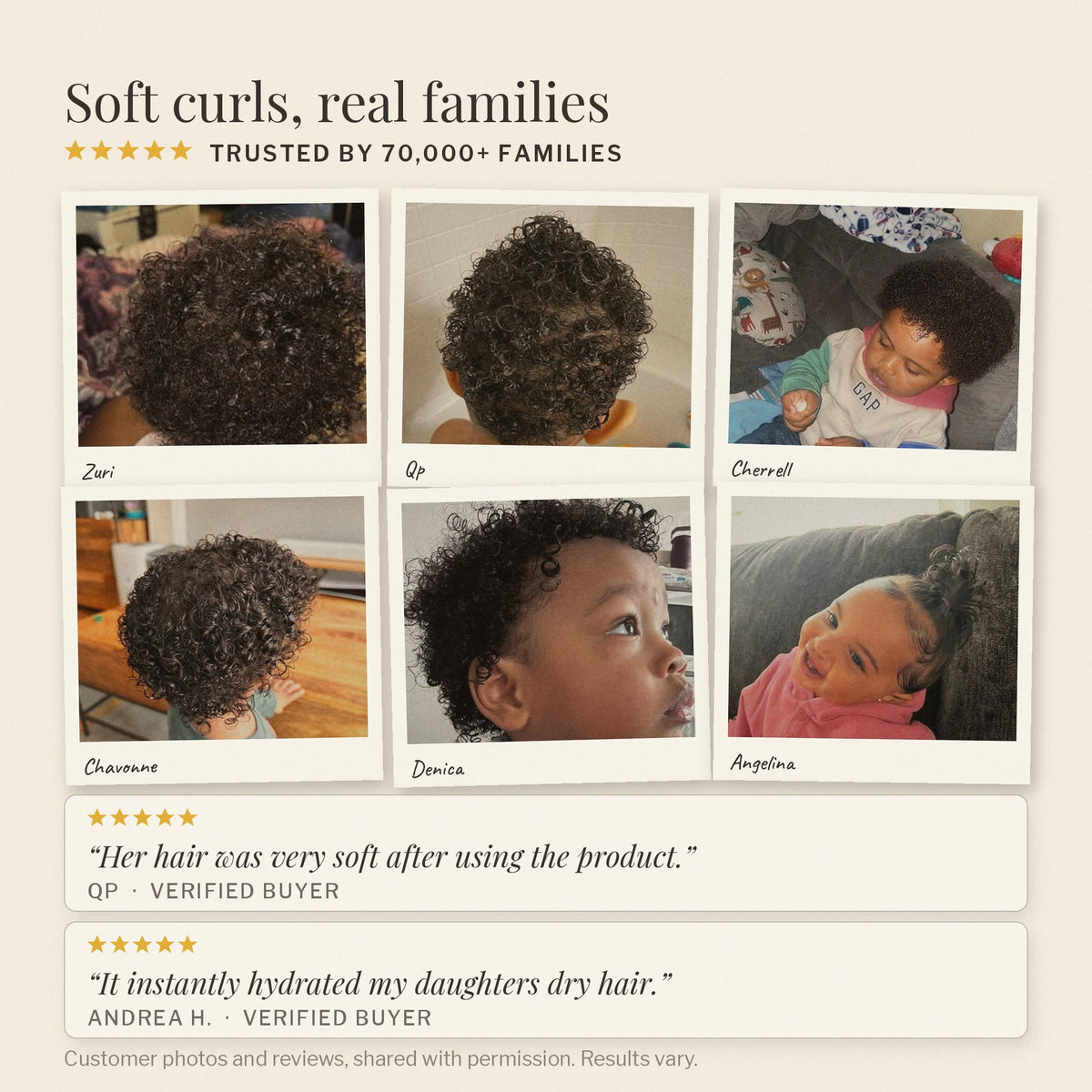 Six customer photos of toddlers with curly hair and verbatim reviews