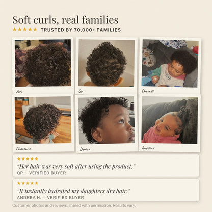 Six customer photos of toddlers with curly hair and verbatim reviews