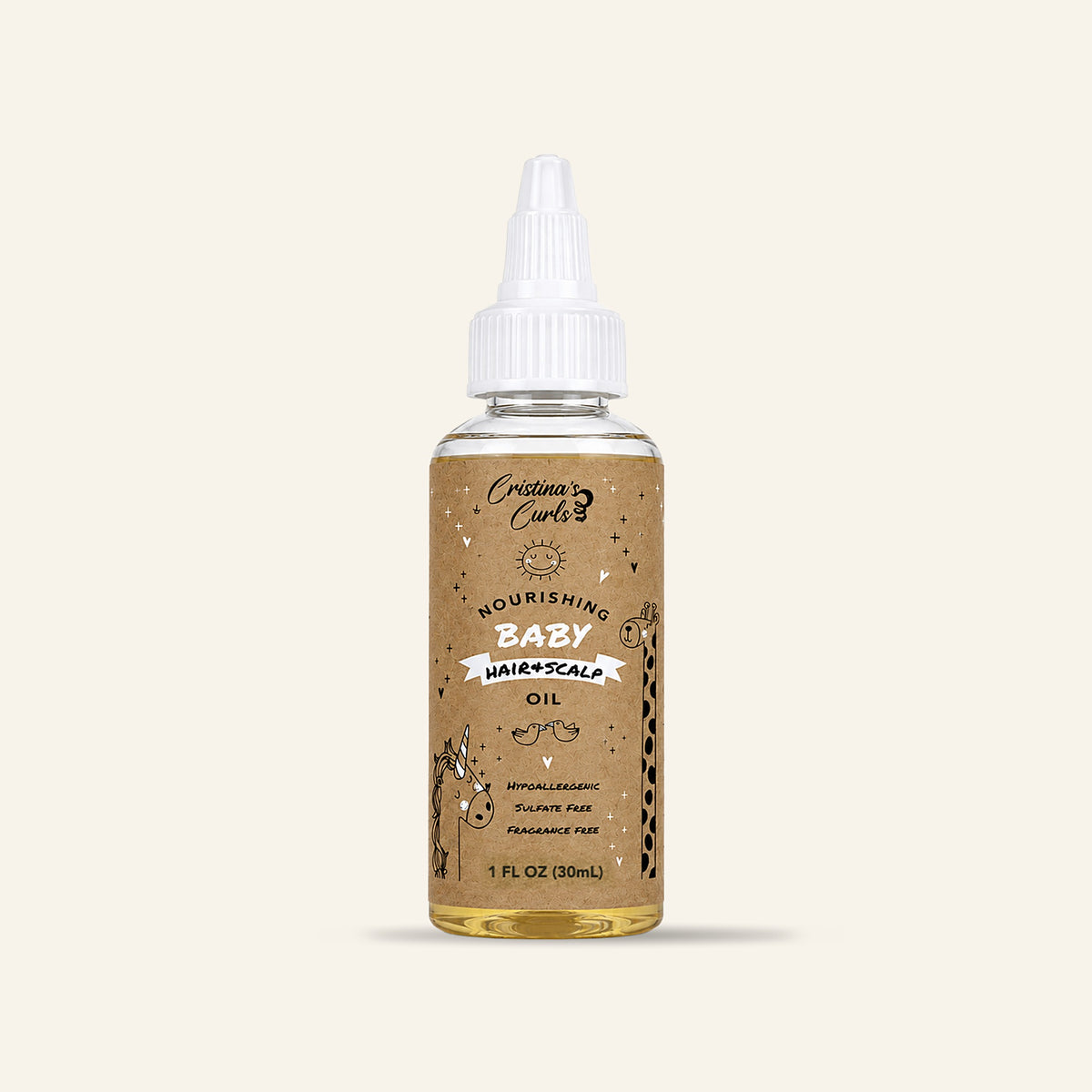 Nourishing Baby Hair and Scalp Oil travel size (1 oz) on a cream background