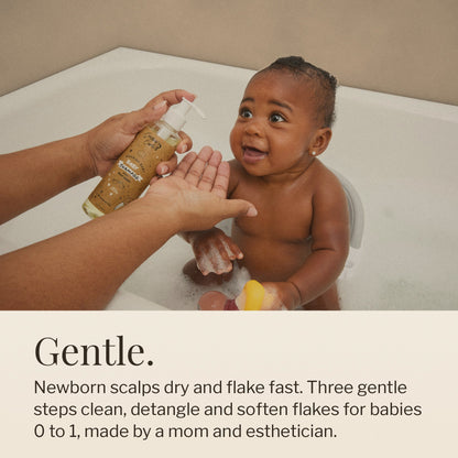 Parent pouring Nourishing Baby Shampoo into a hand beside a smiling baby in the bath