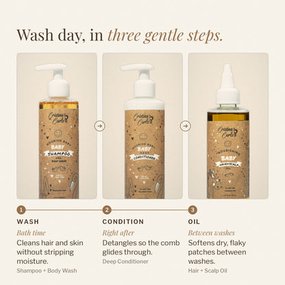 The three Nourishing Baby steps in order: wash, condition, oil