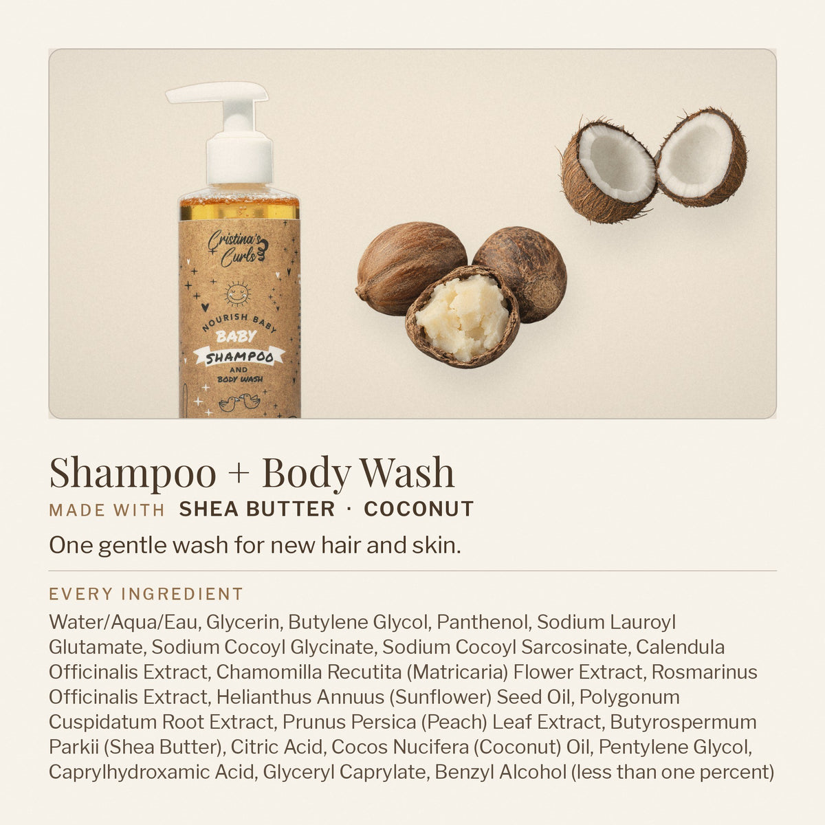 Nourishing Baby Shampoo and Body Wash with shea butter and coconut, and its full ingredient list