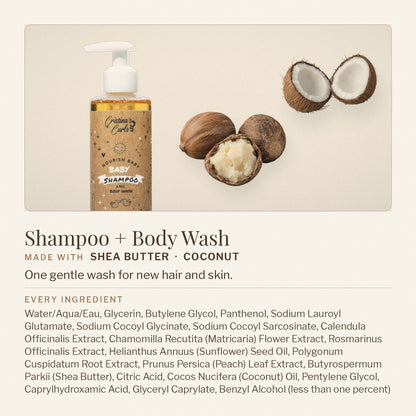 Nourishing Baby Shampoo and Body Wash with shea butter and coconut, and its full ingredient list