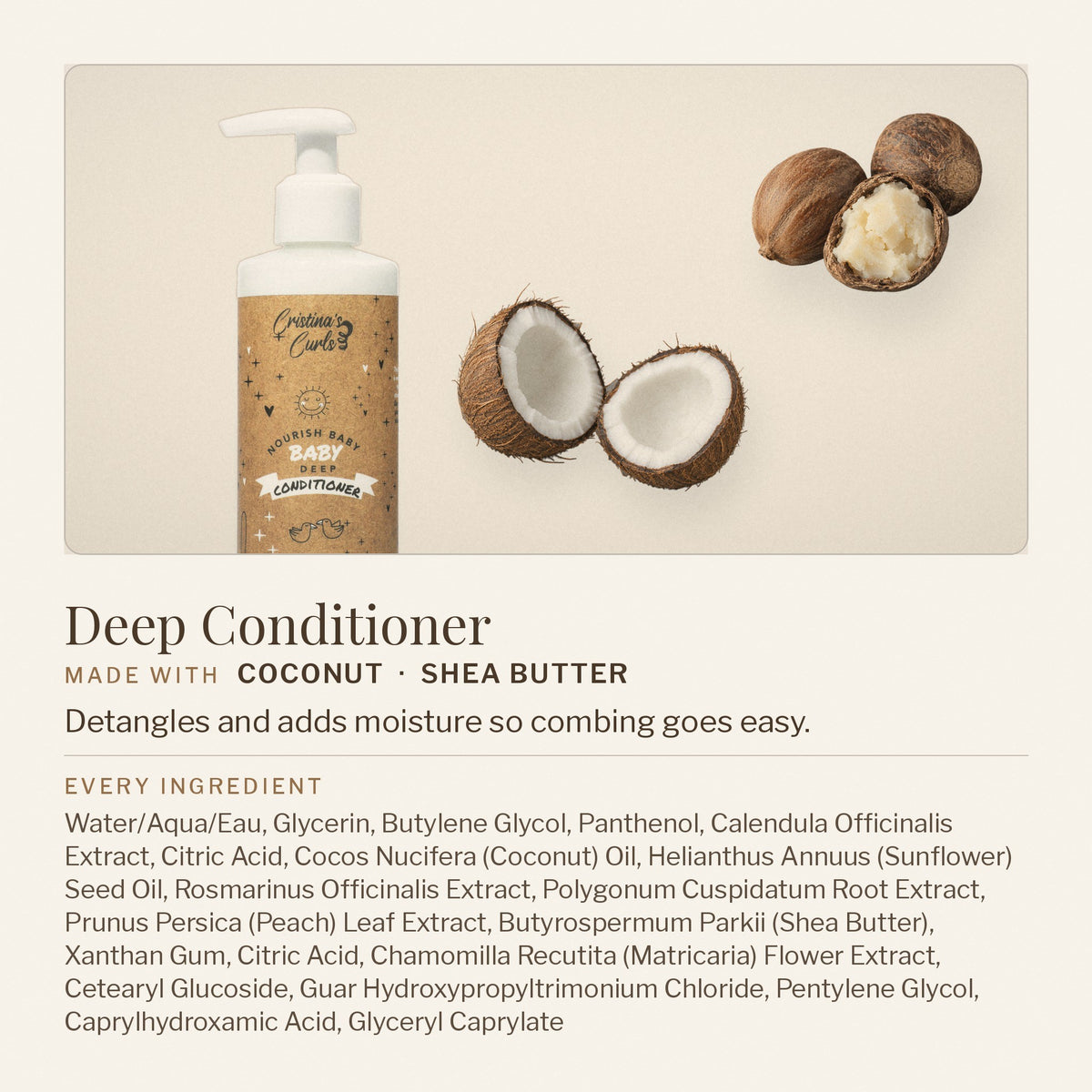 Nourishing Baby Deep Conditioner with coconut and shea butter, and its full ingredient list