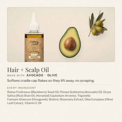 Nourishing Baby Hair and Scalp Oil with avocado and olive, and its full ingredient list