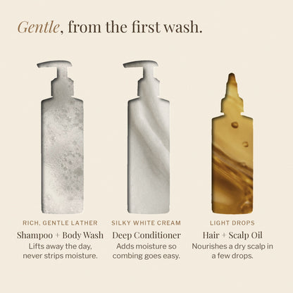 Lather, cream and oil textures of the three Nourishing Baby products in bottle-shaped cutouts