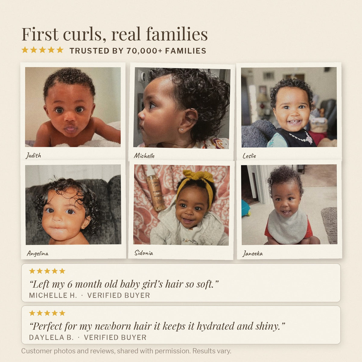 Six customer photos of babies with curly hair and verbatim reviews