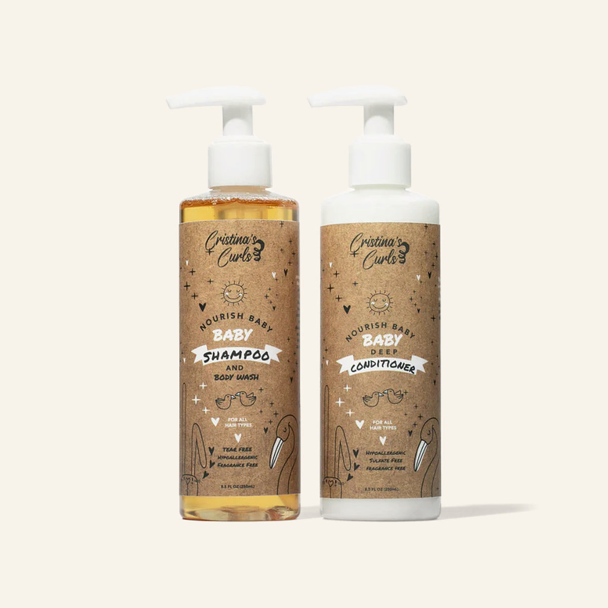 Nourishing Baby Shampoo and Conditioner Set on a cream background