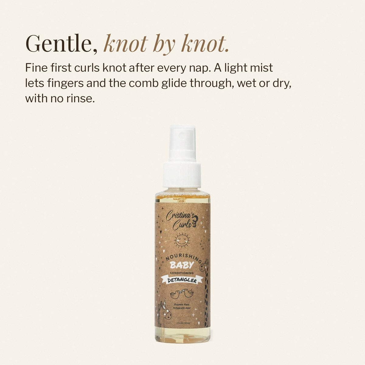 Nourishing Baby Detangler Spray on a cream background with the line word Gentle