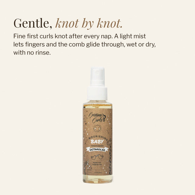 Nourishing Baby Detangler Spray on a cream background with the line word Gentle