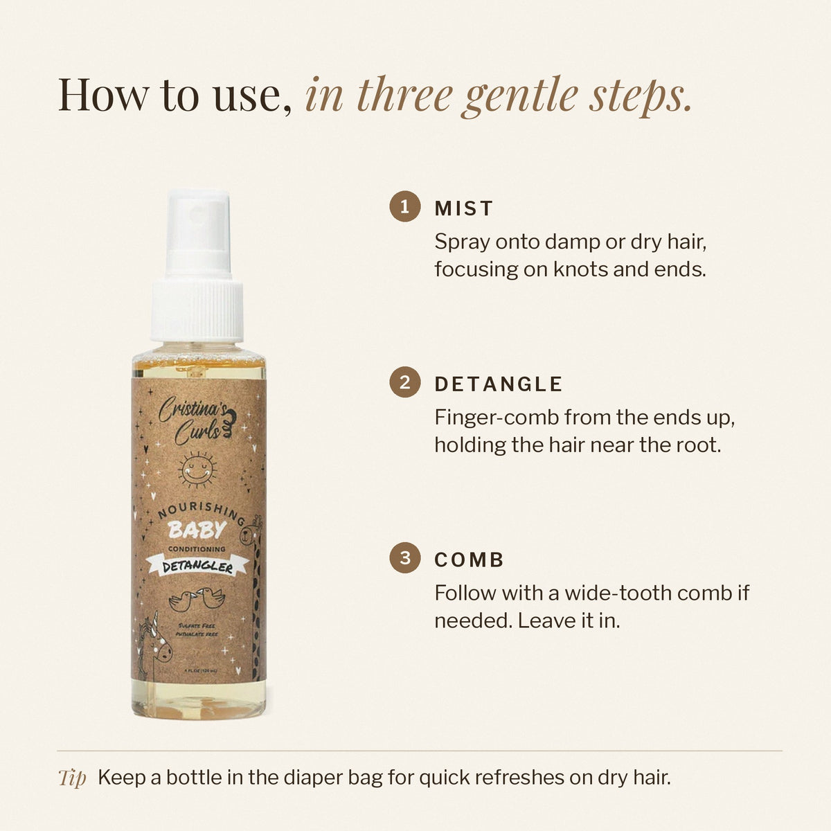 How to use Nourishing Baby Detangler Spray: mist, detangle, comb