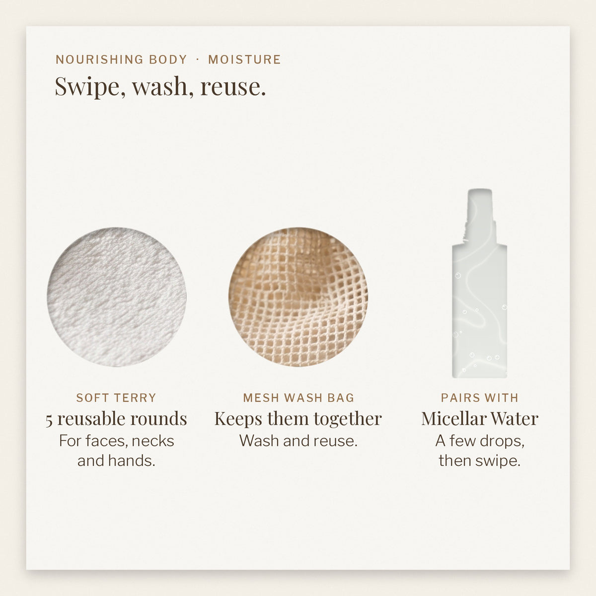 Reusable pads: soft terry rounds, a mesh wash bag, made to pair with Micellar Water