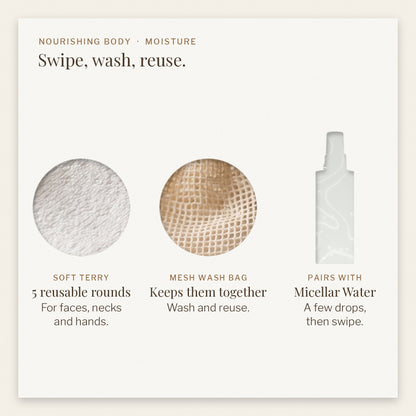 Reusable pads: soft terry rounds, a mesh wash bag, made to pair with Micellar Water