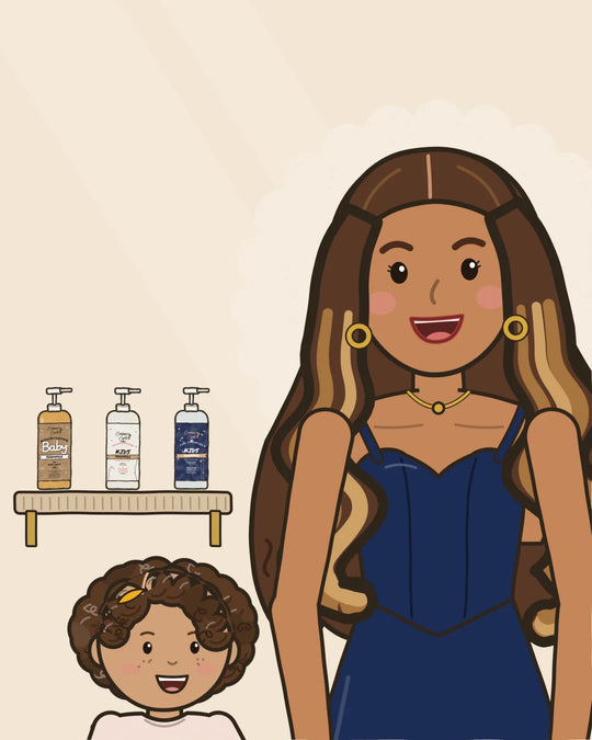 Courtney smiles as one of a toddler's fuller curls rests on her open palm, beside a small first-birthday cake with one candle, a Nourishing Baby bottle on one side and a Nourish + Grow bottle on the other.