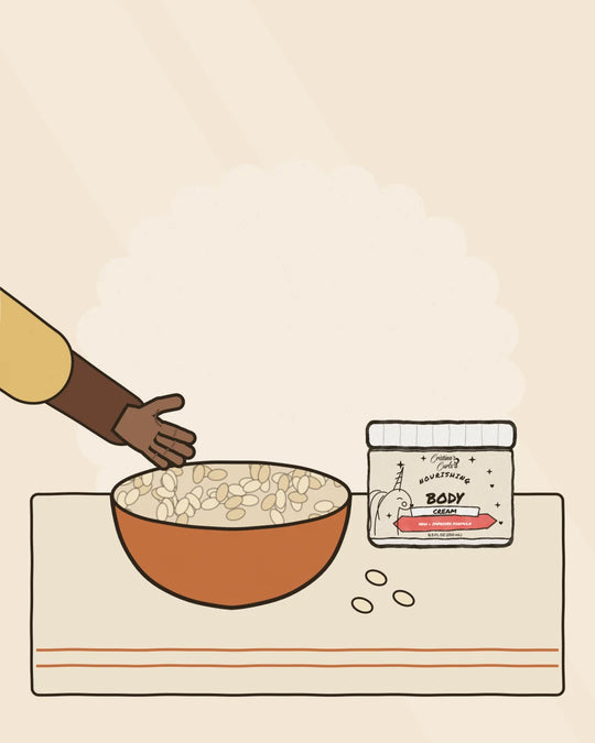 A bowl of oats beside a jar of body cream.
