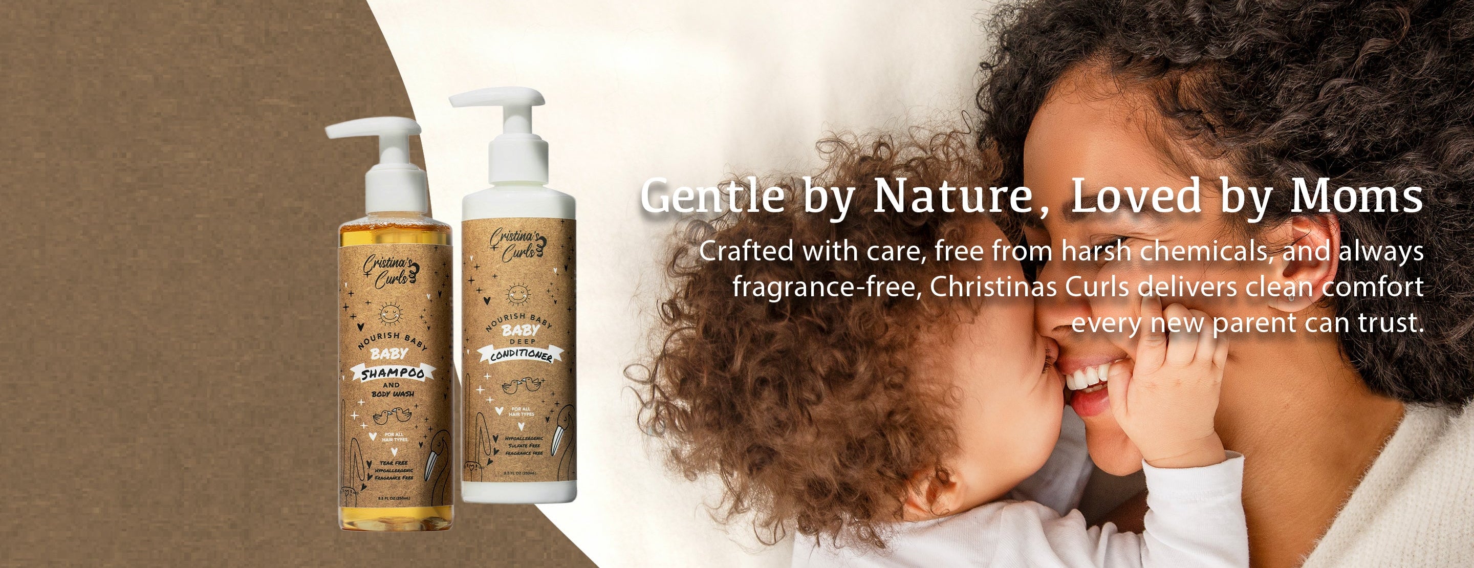 Two bottles of hair care products with a child and parent on a brown background, featuring text about product safety and trust.
