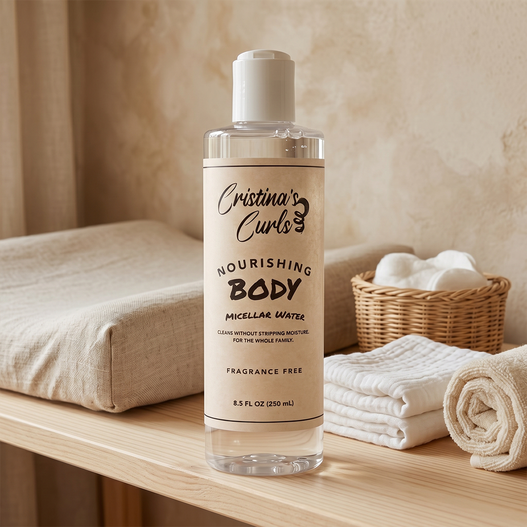 Micellar water on a changing-table shelf beside folded cloths