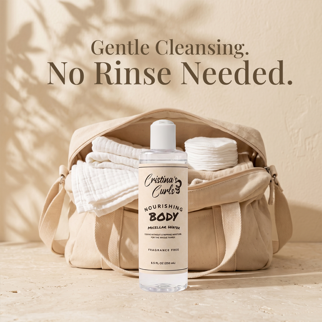 Micellar water in a diaper bag with cotton pads for cleanups on the go