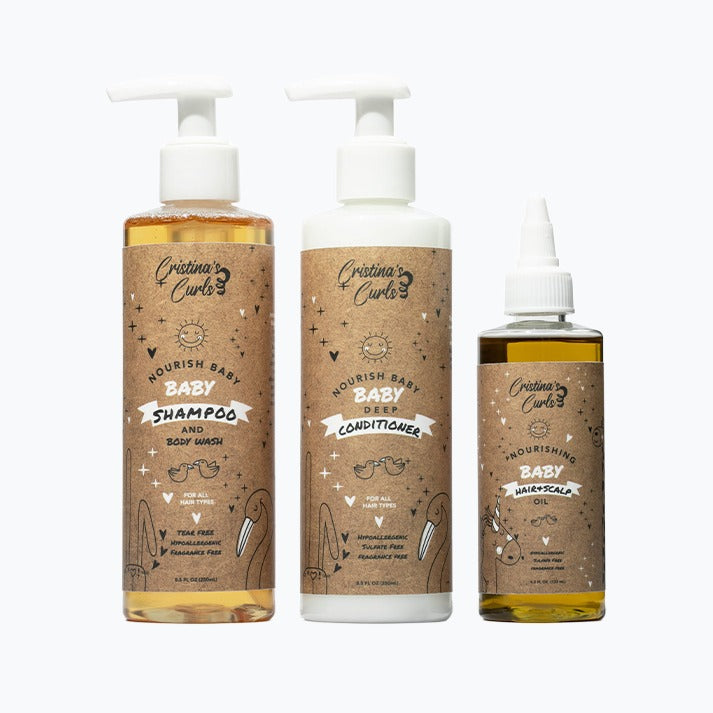 Nourishing Baby shampoo and body wash, conditioner, and hair and scalp oil, the three step set